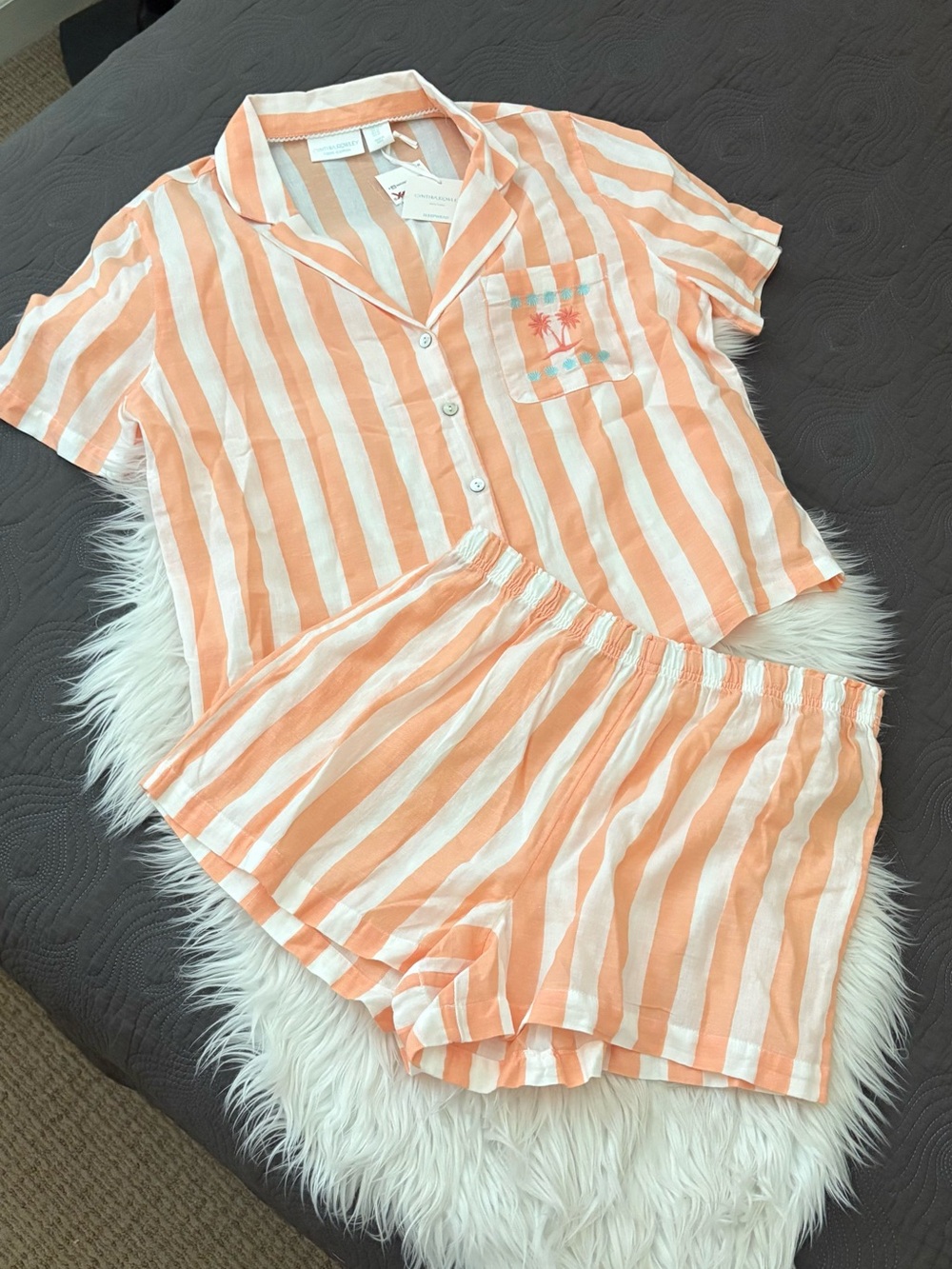 Cynthia Rowley Orange Striped Embroidered Palm Tree 2 Piece PJ Set